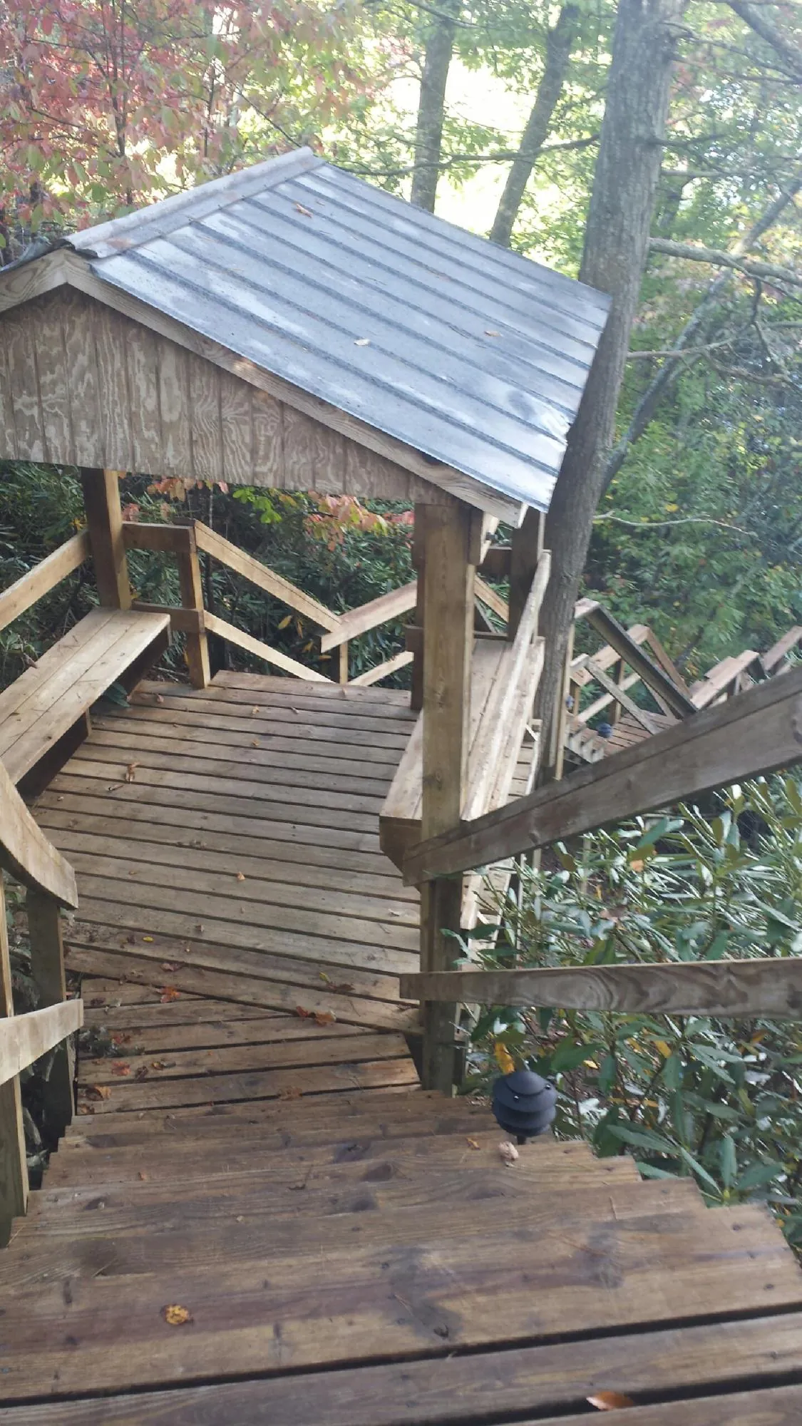 Metal roofed shelter over wooden steps on a wooded walkway — Skylight Repair & Installation work by our crew in Yellville